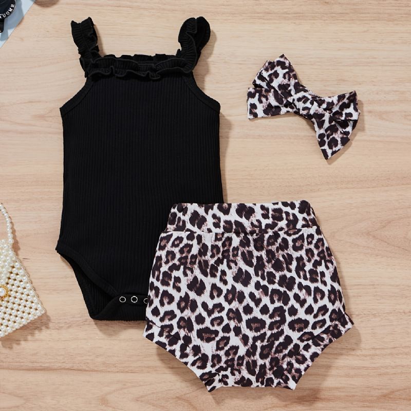 Baby Piger Ærmeløs Romper + Leopard Print Underdele + Pandebånd Sæt Babytøj