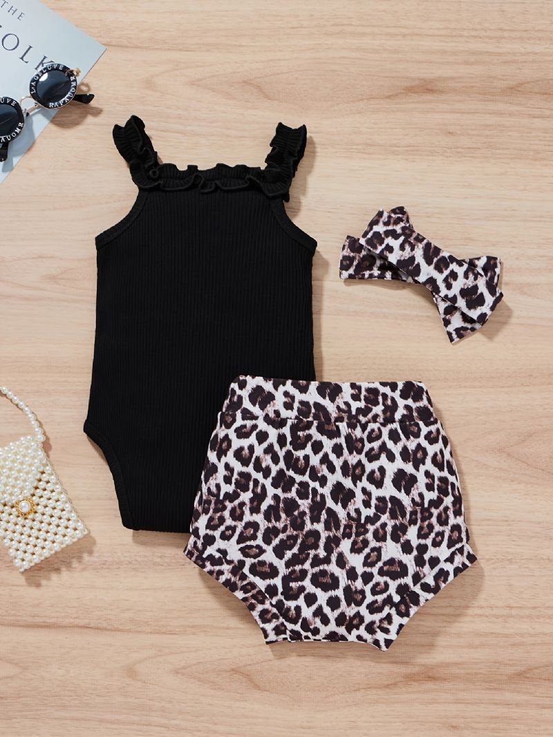 Baby Piger Ærmeløs Romper + Leopard Print Underdele + Pandebånd Sæt Babytøj