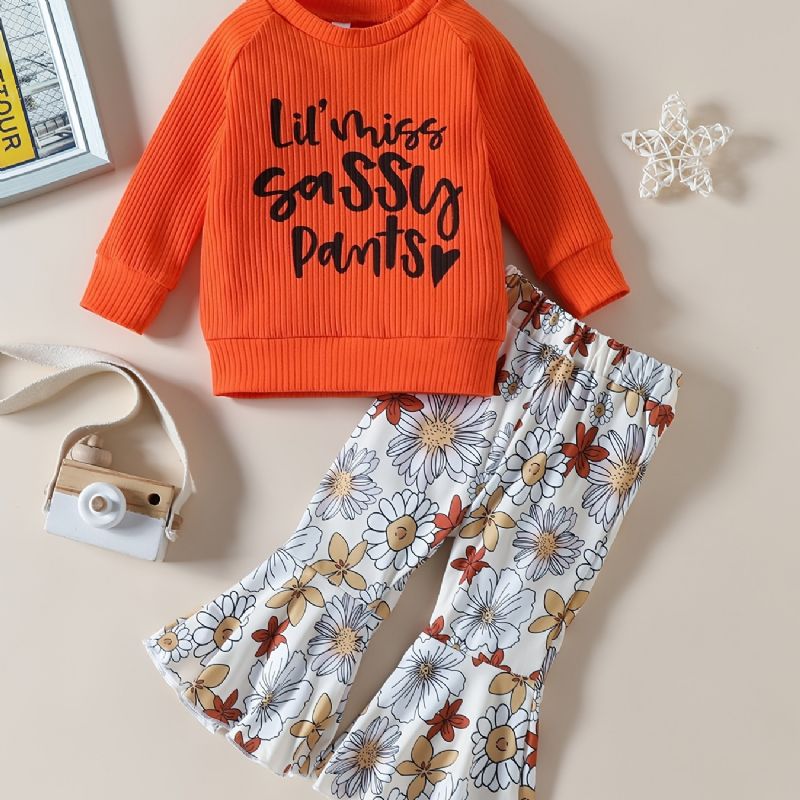 Baby Piger Brev Print Langærmet Top & Blomster Flare Leg Bukser Sæt