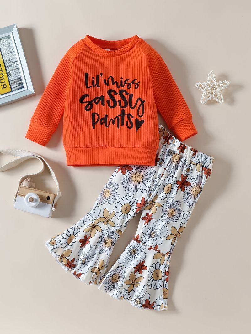 Baby Piger Brev Print Langærmet Top & Blomster Flare Leg Bukser Sæt