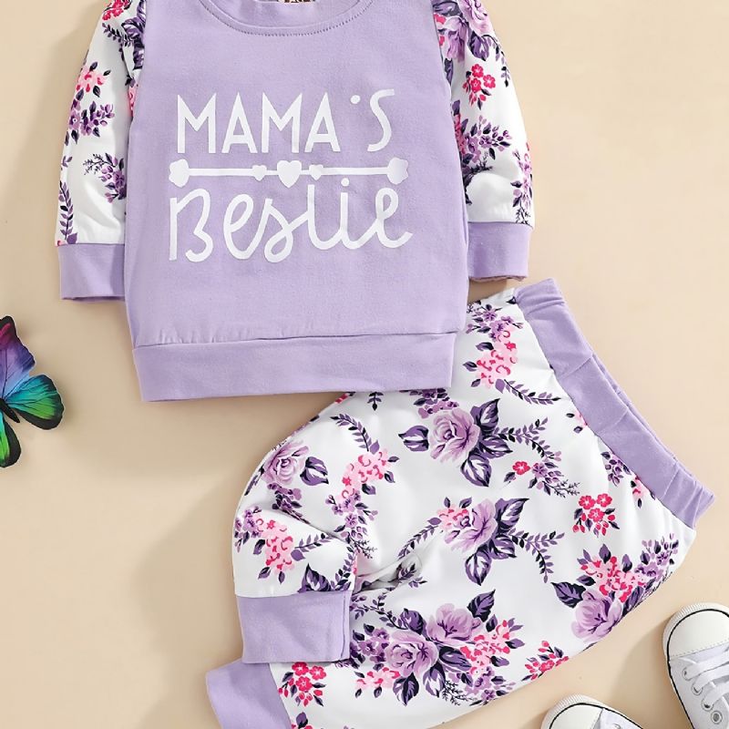 Baby Piger Brevtryk Langærmet Rundhalset Sweatshirt & Pant Sæt