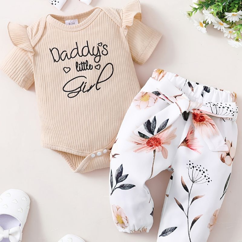 Baby Piger Flæse Korte Ærmer Bukser + Blomstermønster Buksesæt Bodysuit Onesie Babytøj