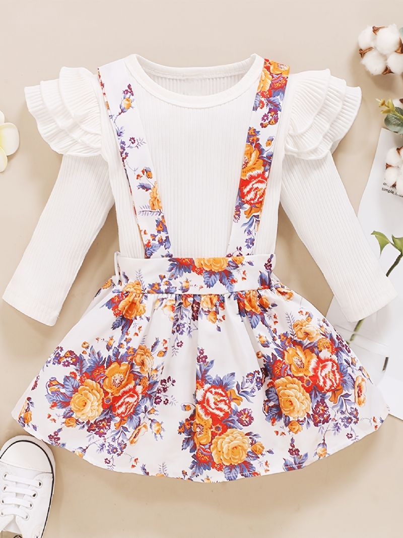 Baby Piger Flæse Lange Ærmer Toppe + Blomstret Suspender Nederdel Sæt Babytøj