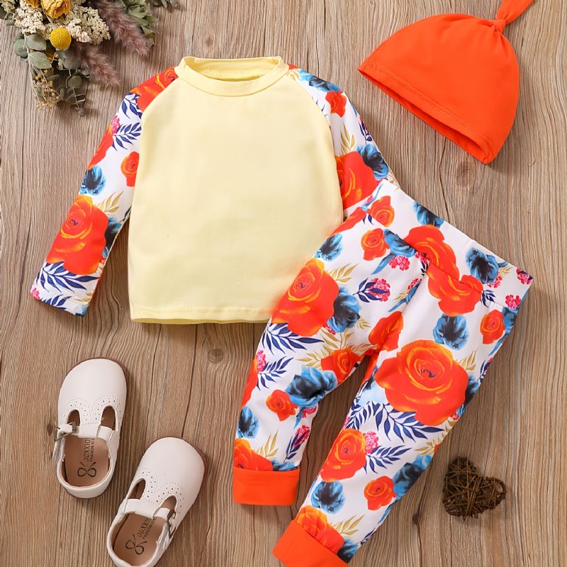 Baby Piger Flower Print Langærmet Rundhals Sweatshirt Bukser Sæt & Hat