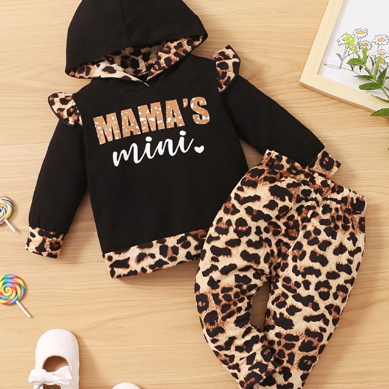 Baby Piger Hættetrøje + Matchende Bukser Sæt Med Leopard Mønster Til Vinter Babytøj Outfit
