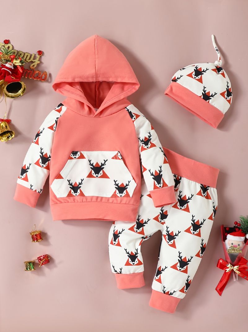 Baby Piger Jul Langærmet Sæt Hætte Sweatshirt Bukser Hatte Sæt