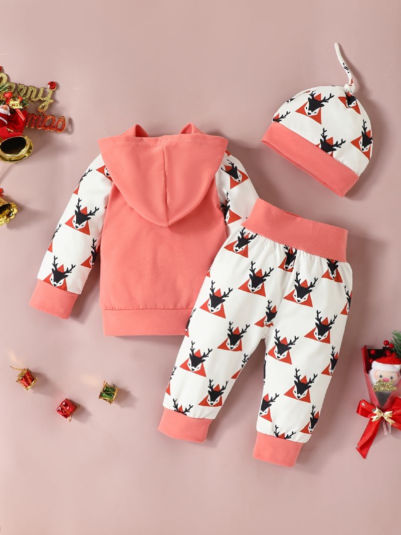 Baby Piger Jul Langærmet Sæt Hætte Sweatshirt Bukser Hatte Sæt