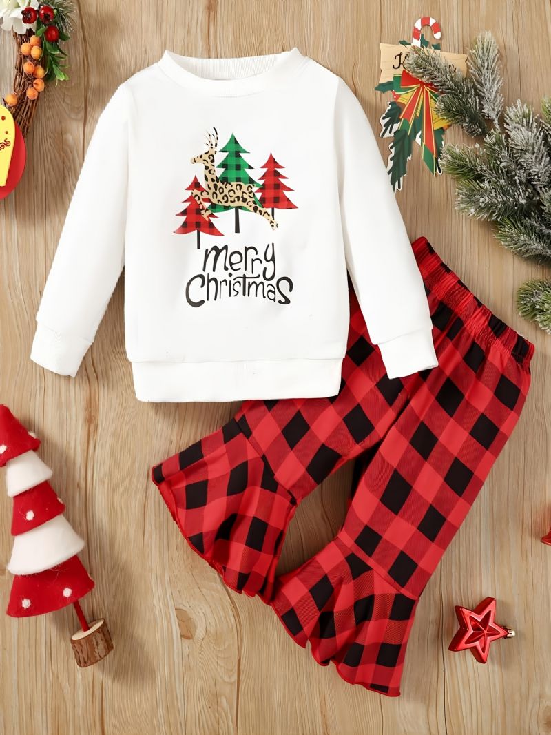 Baby Piger Jul Print Outfit Langærmet Sweatshirt Plaid Bukser Sæt Til Vinter