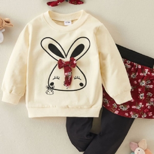Baby Piger Langærmet Sweatshirt Sød Kanin Print Sløjfe & Bukser Med Mesh Dekoration Sæt