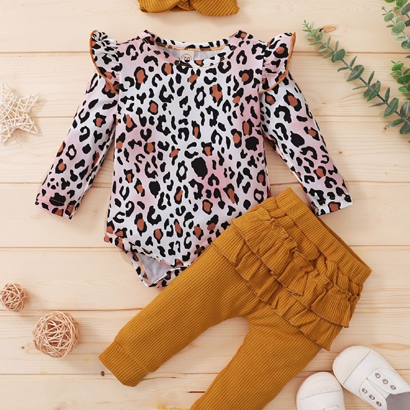 Baby Piger Leopard Print Romper & Solid Bukser & Pandebånd Sæt Babytøj