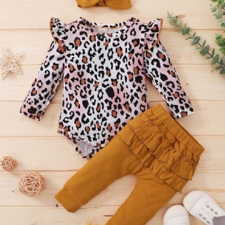 Baby Piger Leopard Print Romper & Solid Bukser & Pandebånd Sæt Babytøj
