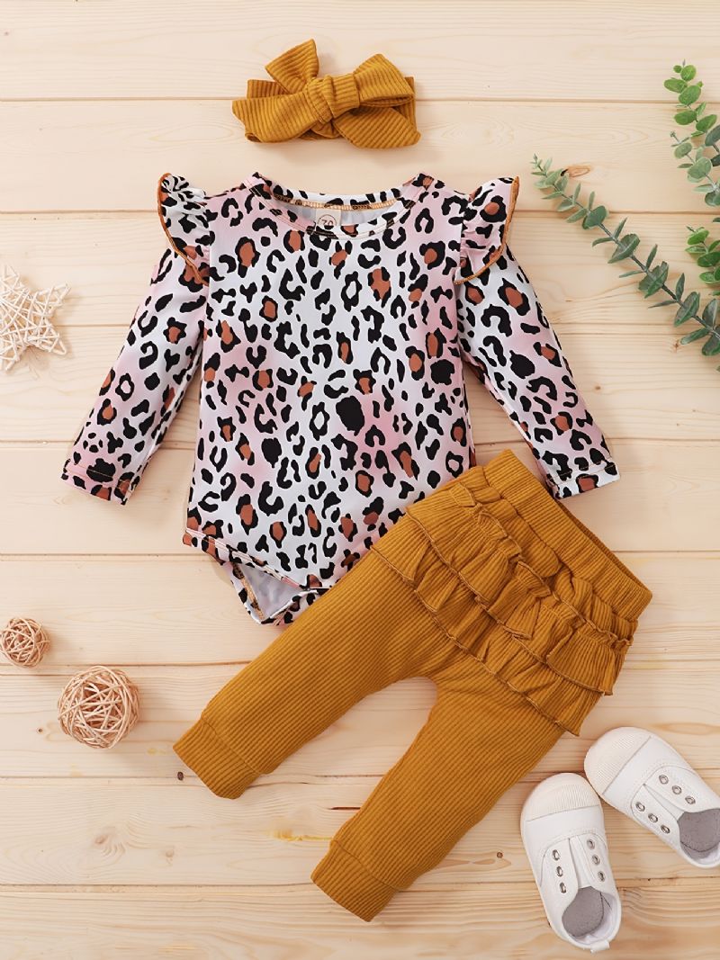 Baby Piger Leopard Print Romper & Solid Bukser & Pandebånd Sæt Babytøj