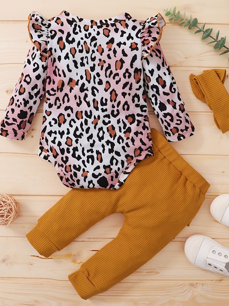 Baby Piger Leopard Print Romper & Solid Bukser & Pandebånd Sæt Babytøj