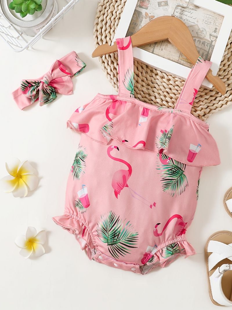 Baby Piger Selebukser Og Pandebånd Sæt Med Flamingo Print Babytøj