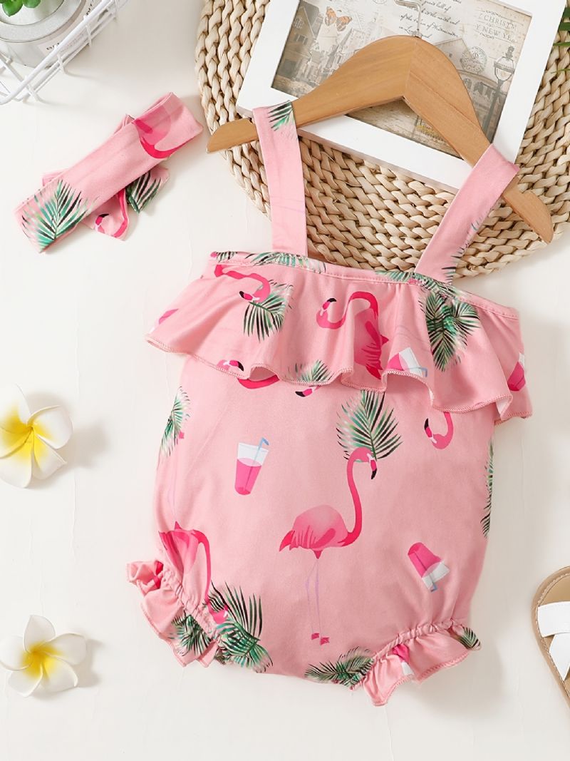 Baby Piger Selebukser Og Pandebånd Sæt Med Flamingo Print Babytøj