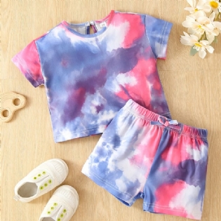 Baby Piger Tie Dye Print T-shirt & Sløjfe Strækbare Talje Shorts Sæt