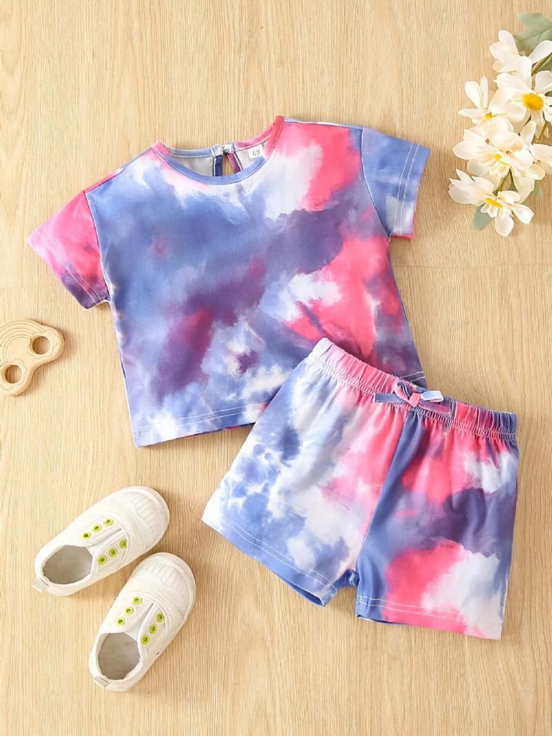 Baby Piger Tie Dye Print T-shirt & Sløjfe Strækbare Talje Shorts Sæt