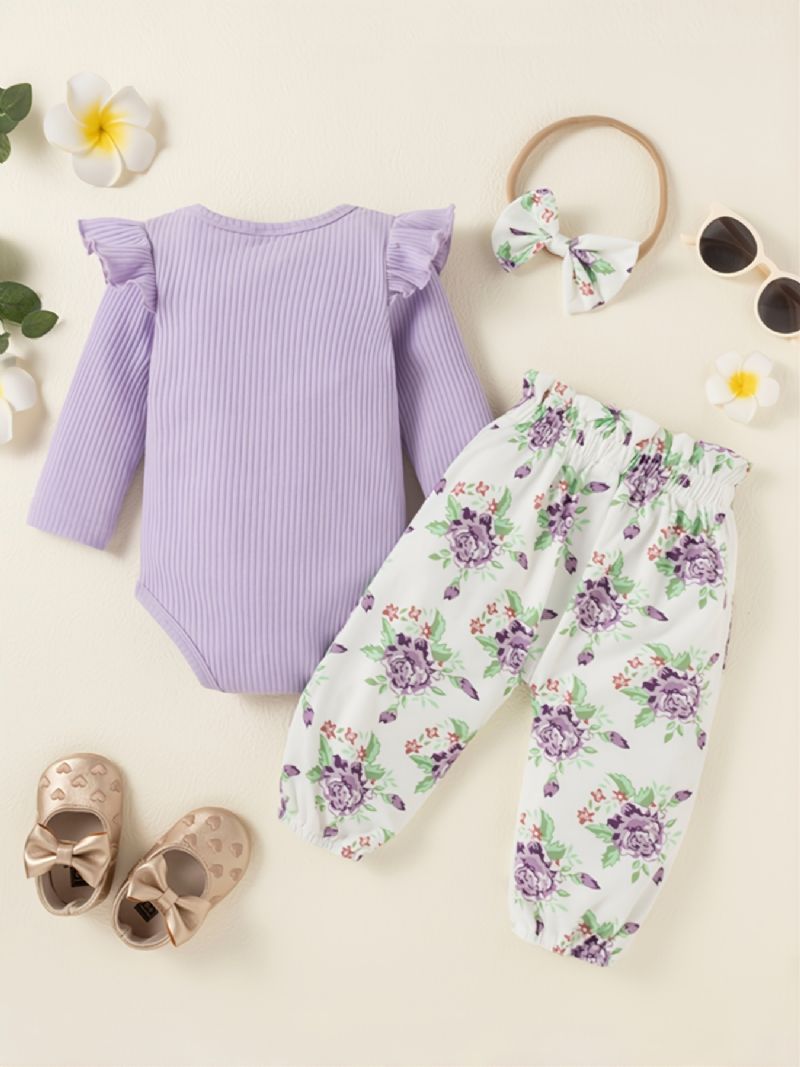 Babyoutfits Flæsebukser + Blomsterbukser + Pandebånd Sæt Tøj Til Nyfødte Spædbørn