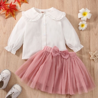 Babypige Casual Skjorte Med Krave Pink Mesh-nederdelsæt