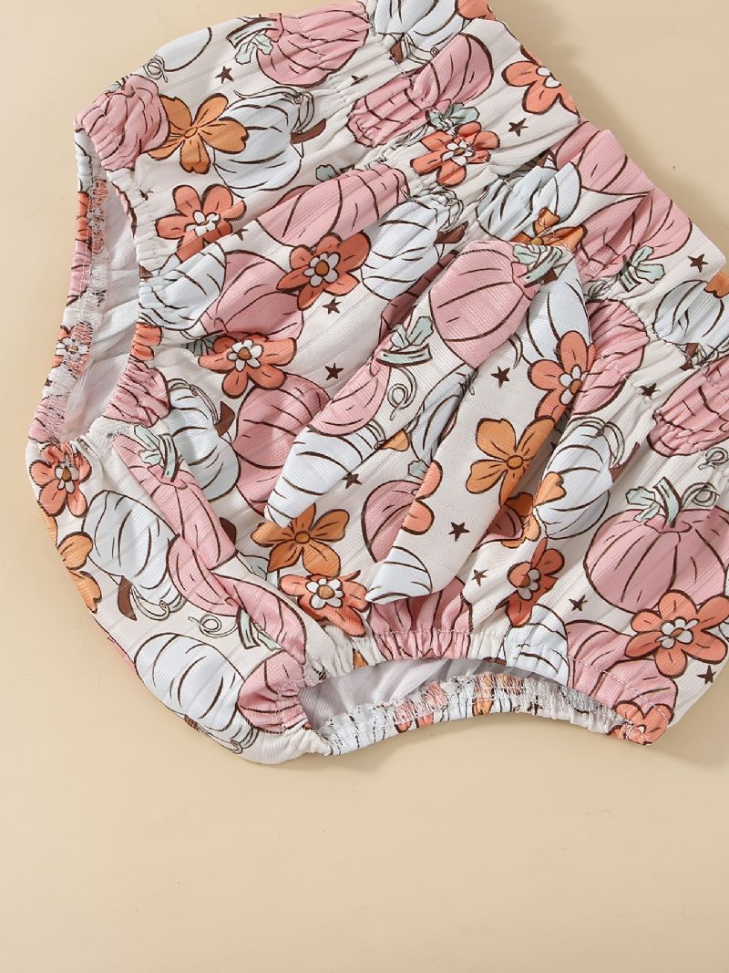 Babypige Ensfarvet Langærmet Top & Græskar Blomstret Shortssæt