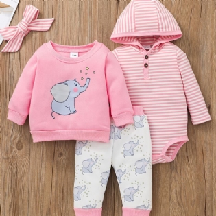 Babypige Hætte-bodysuit & Elefantprint Bukser & Sweatshirtsæt Til Efterår Og Vinter Nyhed