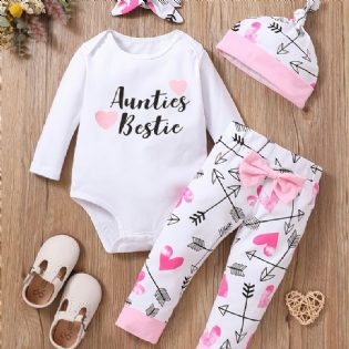 Babypige Valentinsdag Langærmet Bodysuit & Hjerteprint Bukser & Hatte & Pandebånd