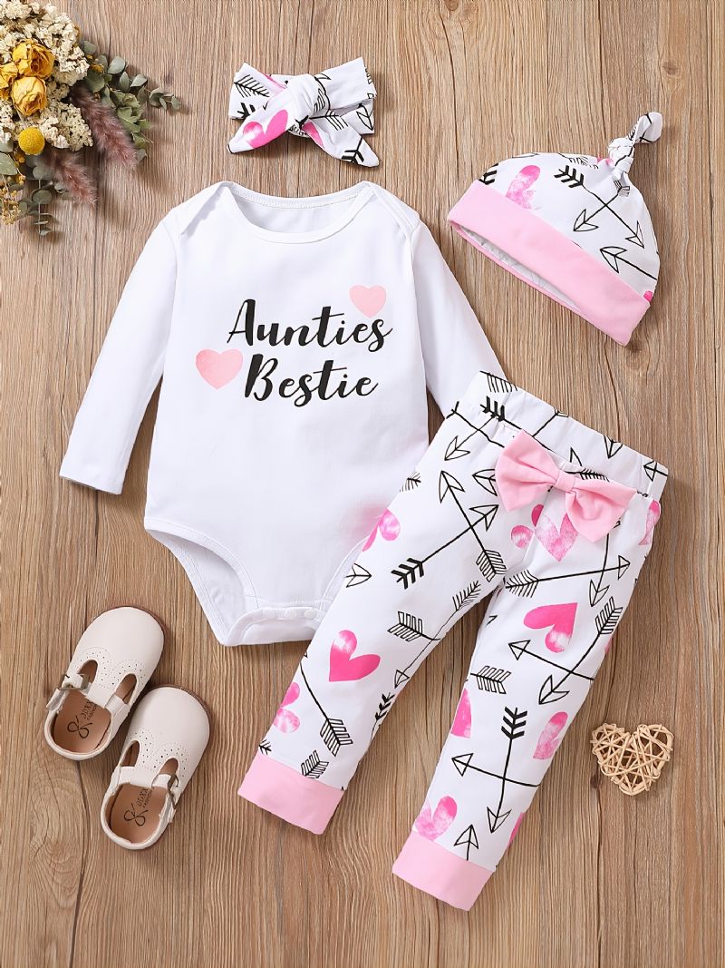 Babypige Valentinsdag Langærmet Bodysuit & Hjerteprint Bukser & Hatte & Pandebånd