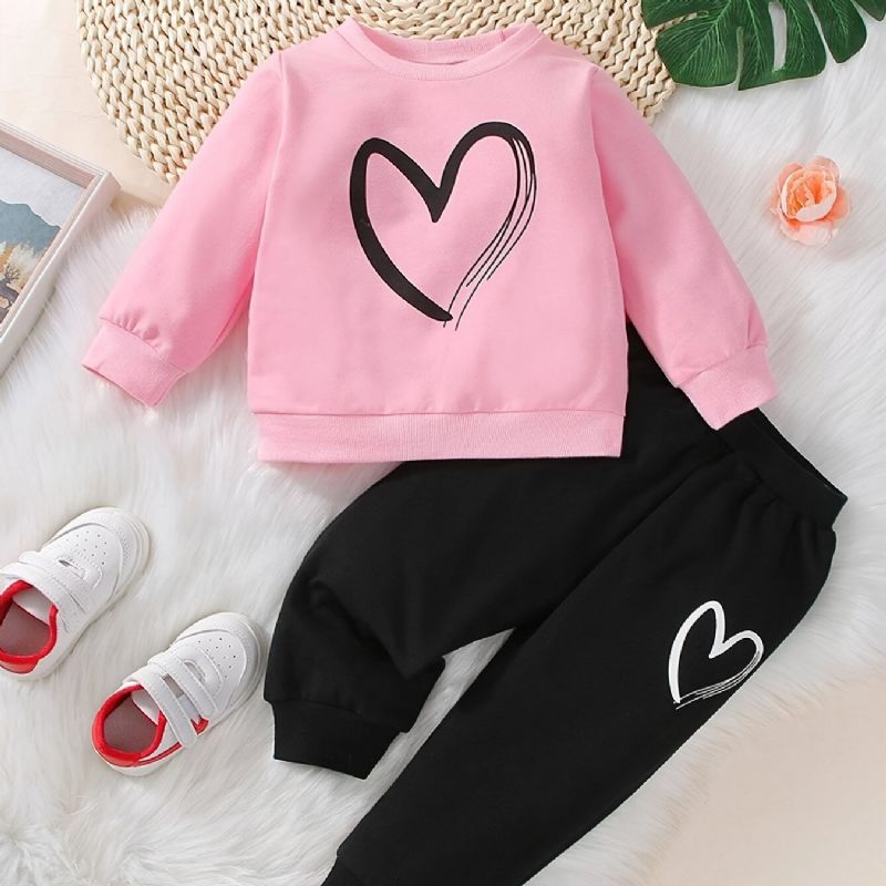 Babypiger Afslappet Aktiv Sæt Med Lyserødt Hjertetryk Sweater Og Joggingbukser Sæt