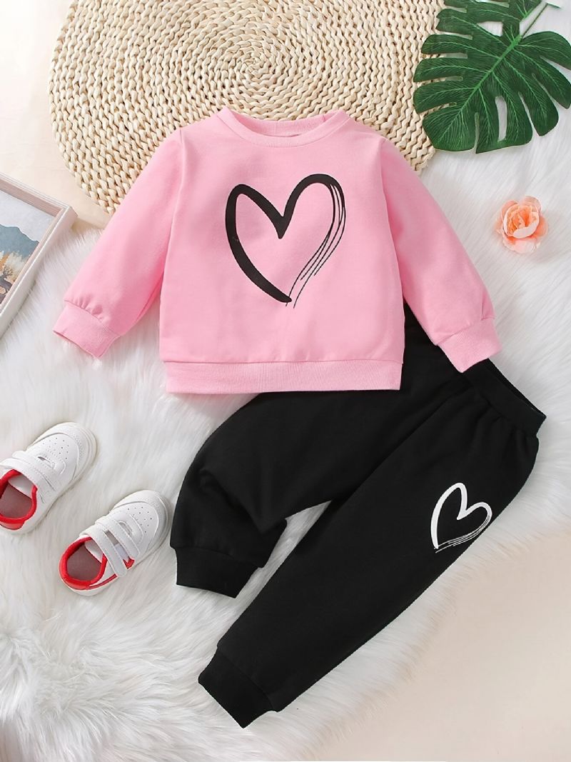 Babypiger Afslappet Aktiv Sæt Med Lyserødt Hjertetryk Sweater Og Joggingbukser Sæt