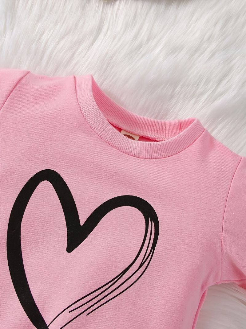 Babypiger Afslappet Aktiv Sæt Med Lyserødt Hjertetryk Sweater Og Joggingbukser Sæt