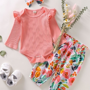 Babypiger Blomsterprint Onesie & Bukser & Pandebånd Sæt