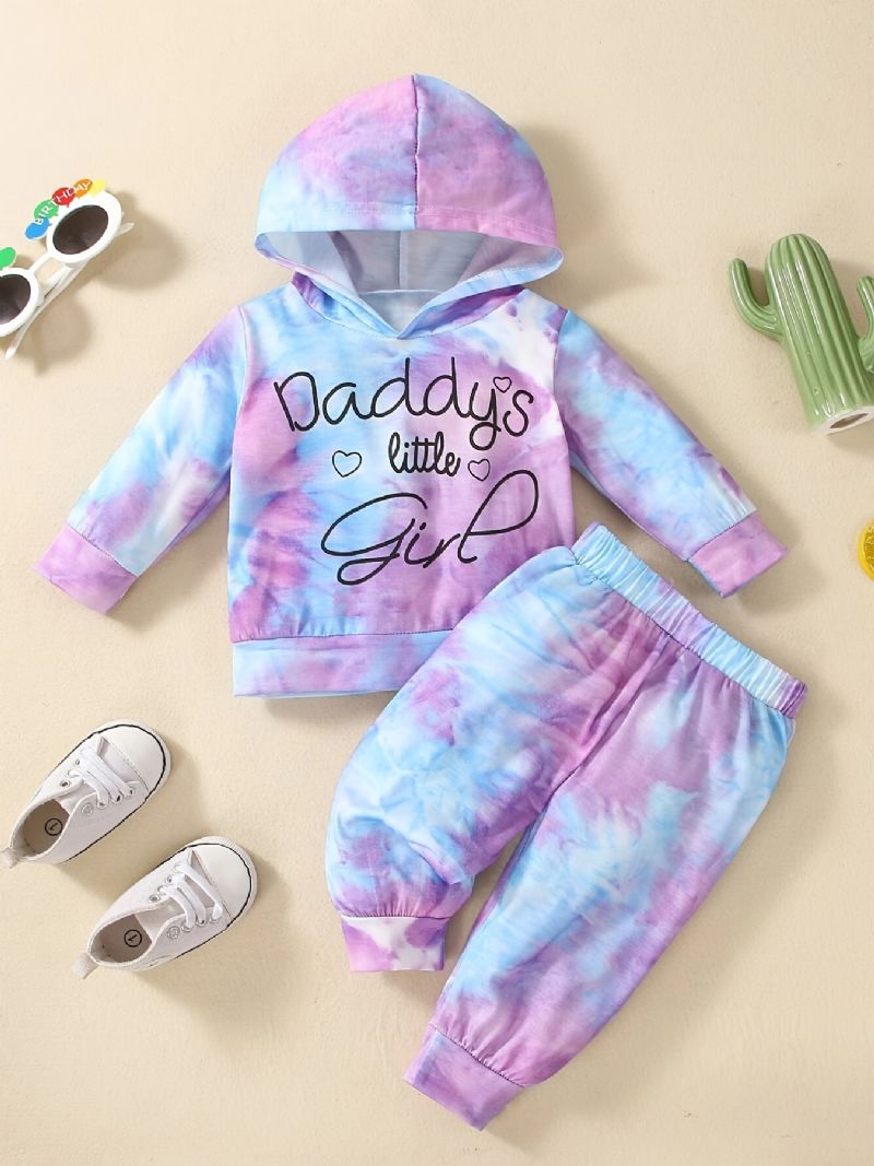 Babypiger Casual Active Tie Dye Sæt Med Bogstavtryk Hættetrøje Og Joggingbukser Til Udendørs