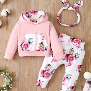 Babypiger Casual Hættetrøjer I Bomuld Og Matchende Joggingbukser + Pandebånd Med Blomsterprint Babytøj