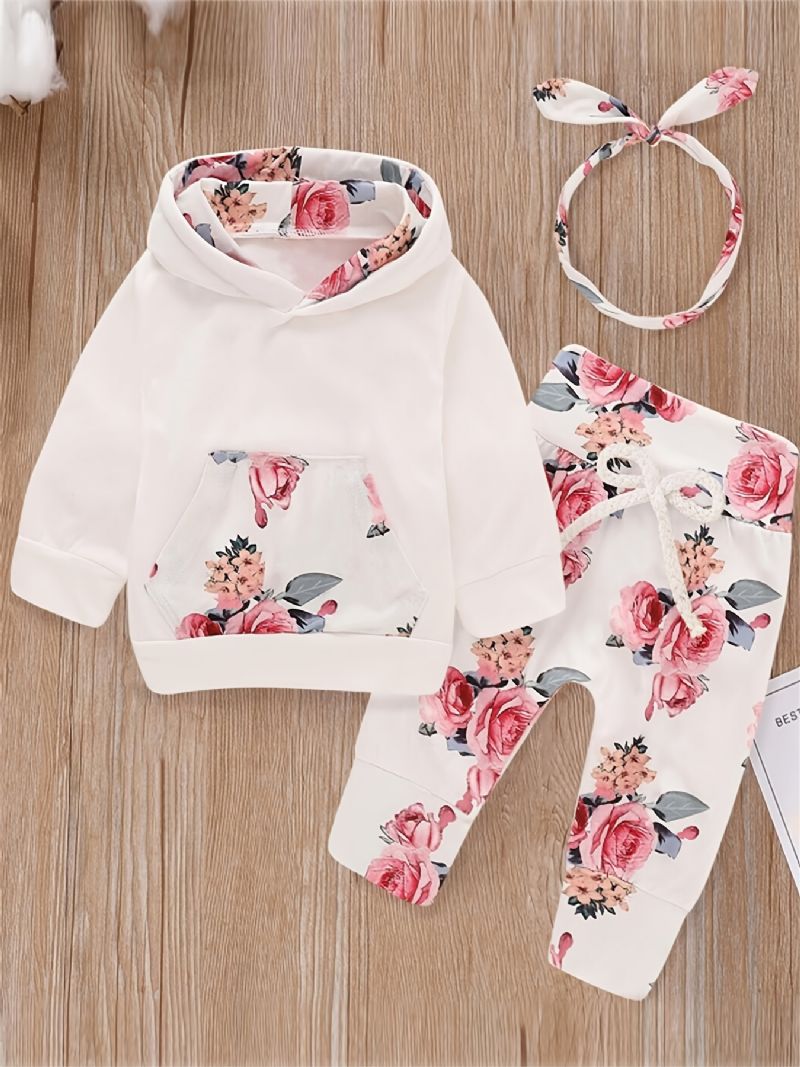 Babypiger Casual Hættetrøjer I Bomuld Og Matchende Joggingbukser + Pandebånd Med Blomsterprint Babytøj