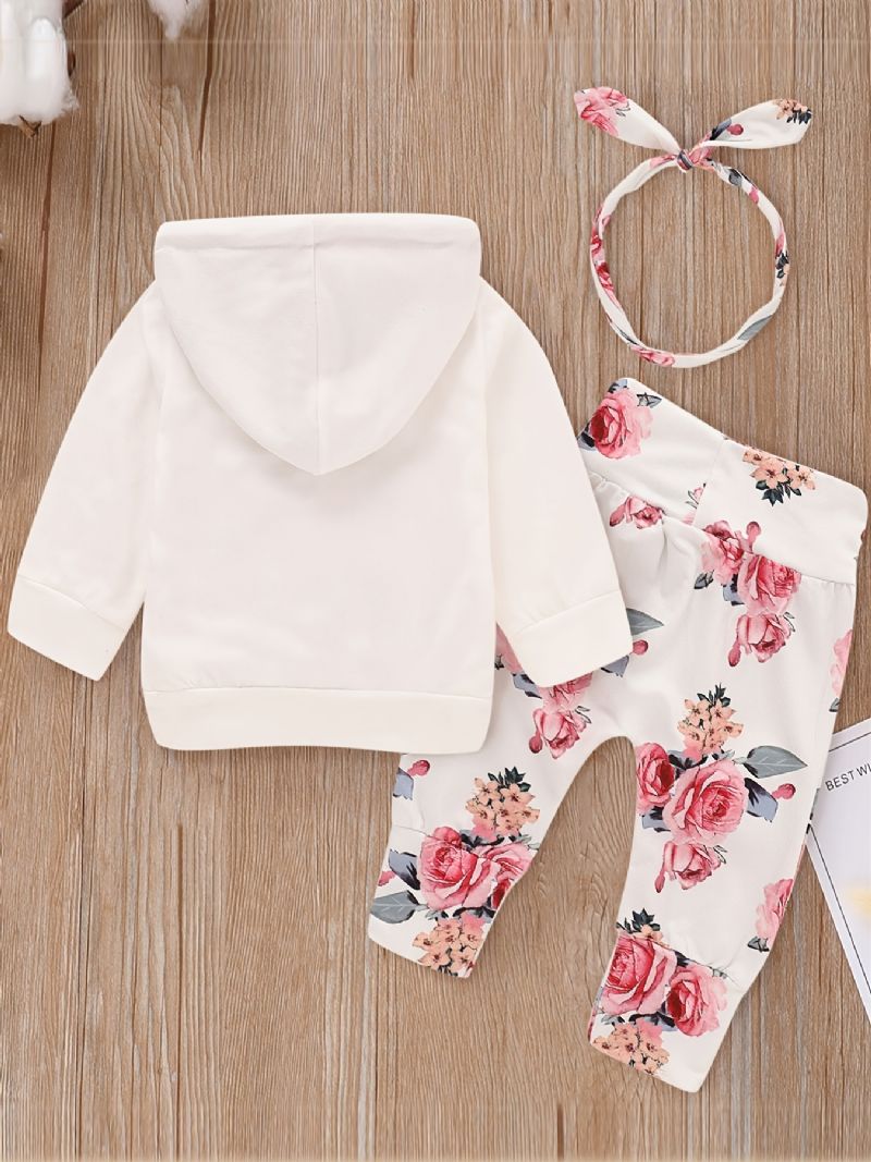 Babypiger Casual Hættetrøjer I Bomuld Og Matchende Joggingbukser + Pandebånd Med Blomsterprint Babytøj