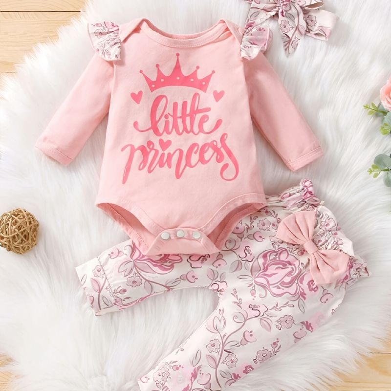 Babypiger Casual Romper Sæt Med Lille Prinsesse Print & Sløjfe Blomsterprint Bukser & Pandebånd
