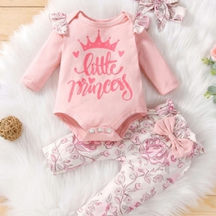 Babypiger Casual Romper Sæt Med Lille Prinsesse Print & Sløjfe Blomsterprint Bukser & Pandebånd