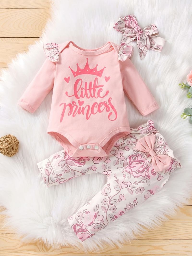 Babypiger Casual Romper Sæt Med Lille Prinsesse Print & Sløjfe Blomsterprint Bukser & Pandebånd