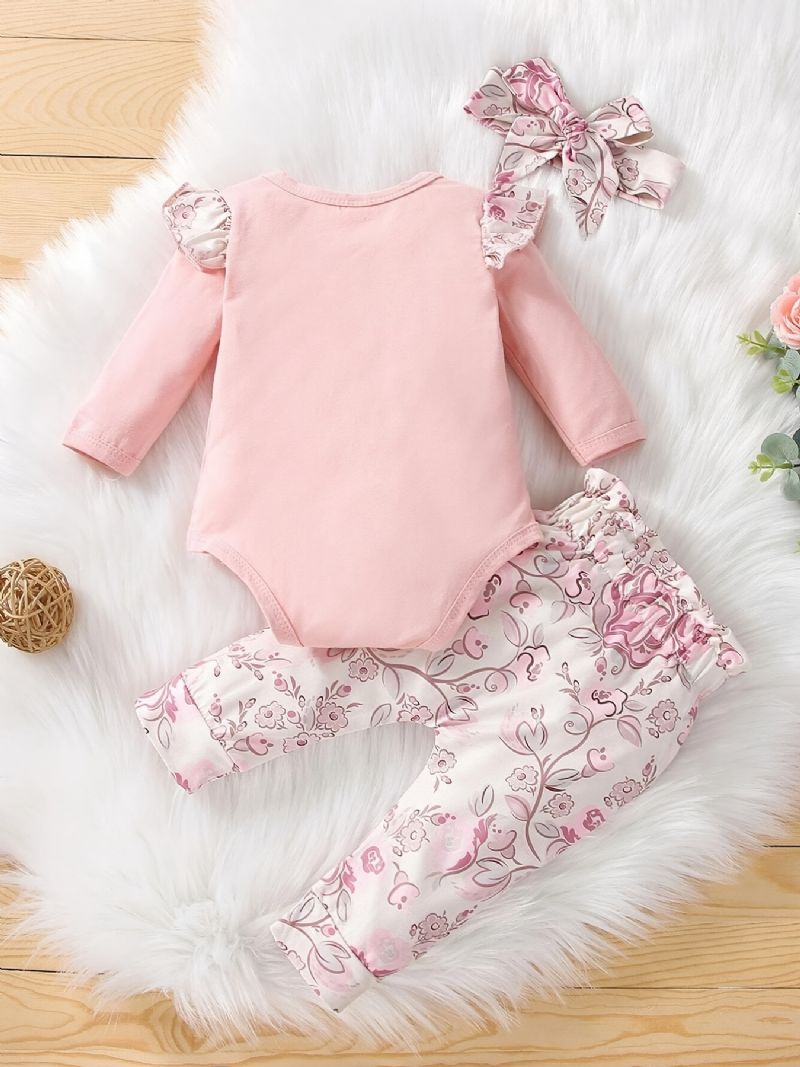 Babypiger Casual Romper Sæt Med Lille Prinsesse Print & Sløjfe Blomsterprint Bukser & Pandebånd