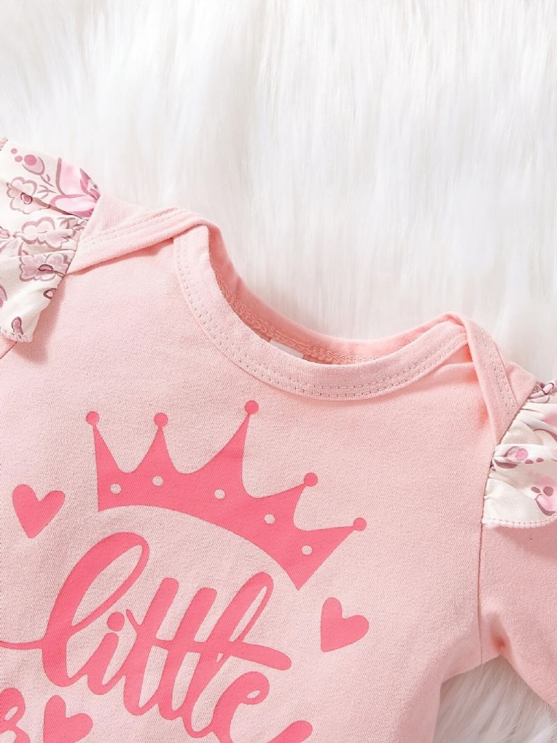 Babypiger Casual Romper Sæt Med Lille Prinsesse Print & Sløjfe Blomsterprint Bukser & Pandebånd
