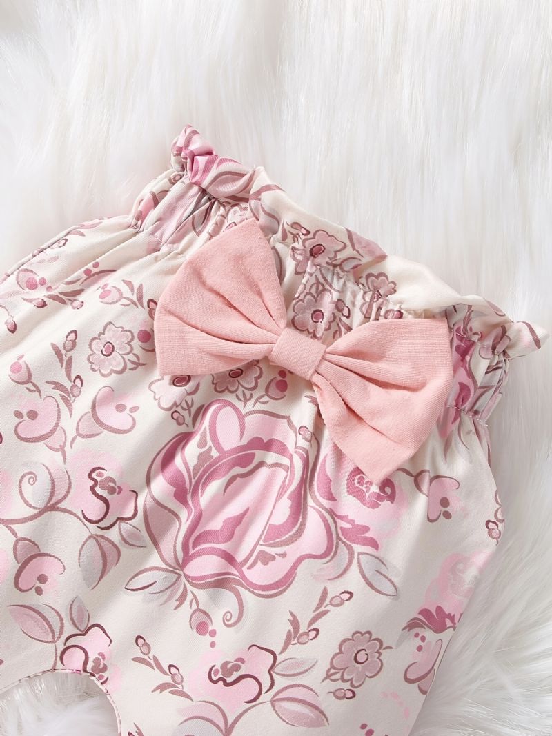 Babypiger Casual Romper Sæt Med Lille Prinsesse Print & Sløjfe Blomsterprint Bukser & Pandebånd