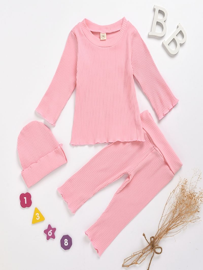 Babypiger Casual Solid Flæsede Rib-langærmede Top & Bukser & Hatte Sæt