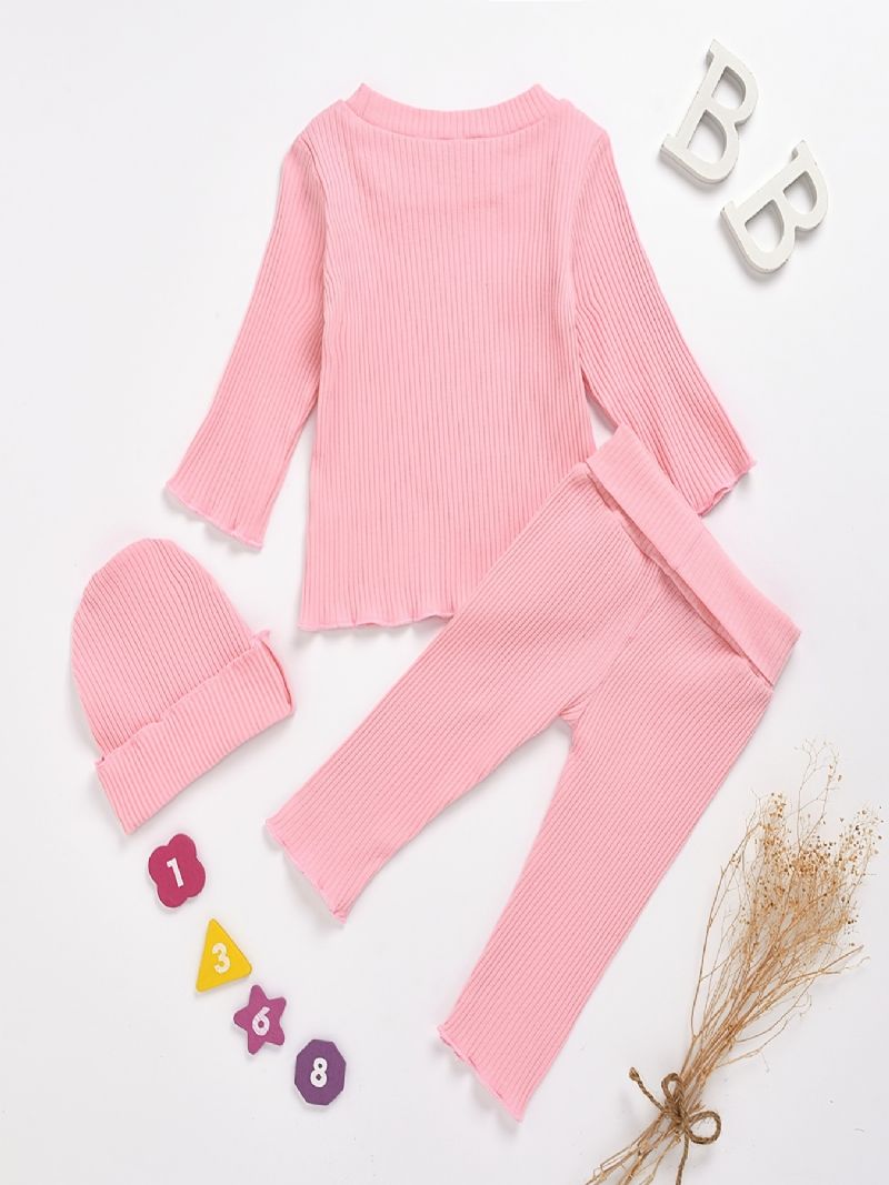 Babypiger Casual Solid Flæsede Rib-langærmede Top & Bukser & Hatte Sæt