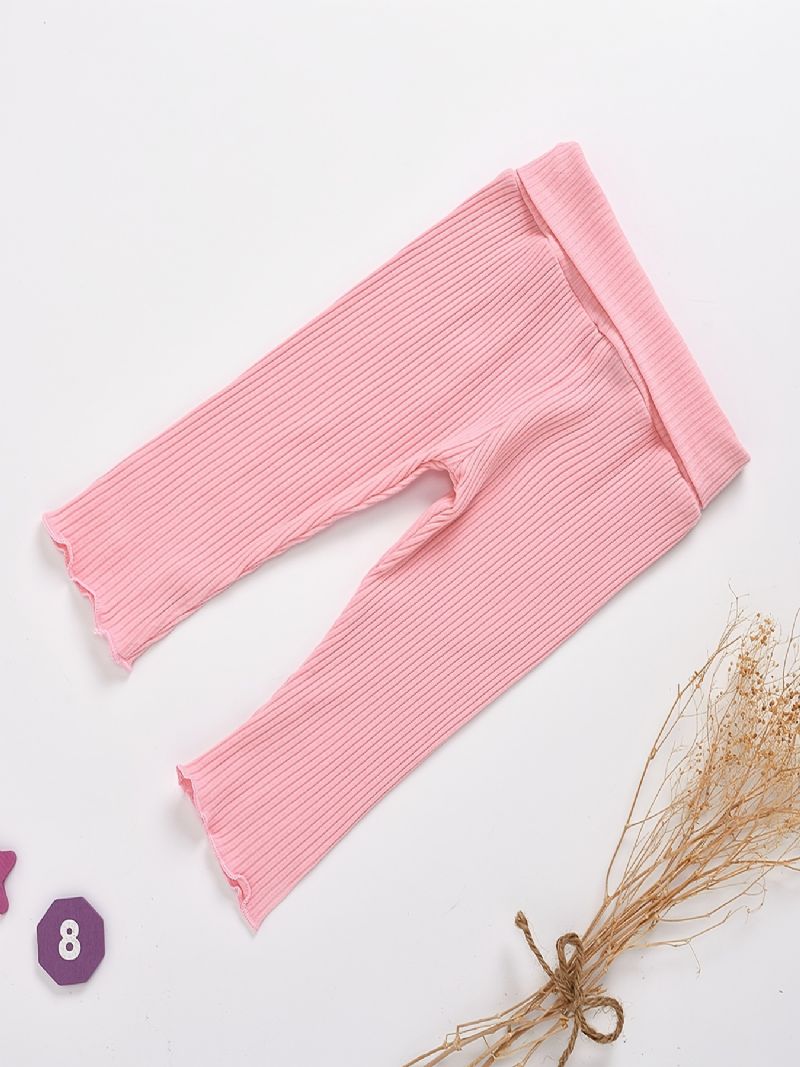 Babypiger Casual Solid Flæsede Rib-langærmede Top & Bukser & Hatte Sæt