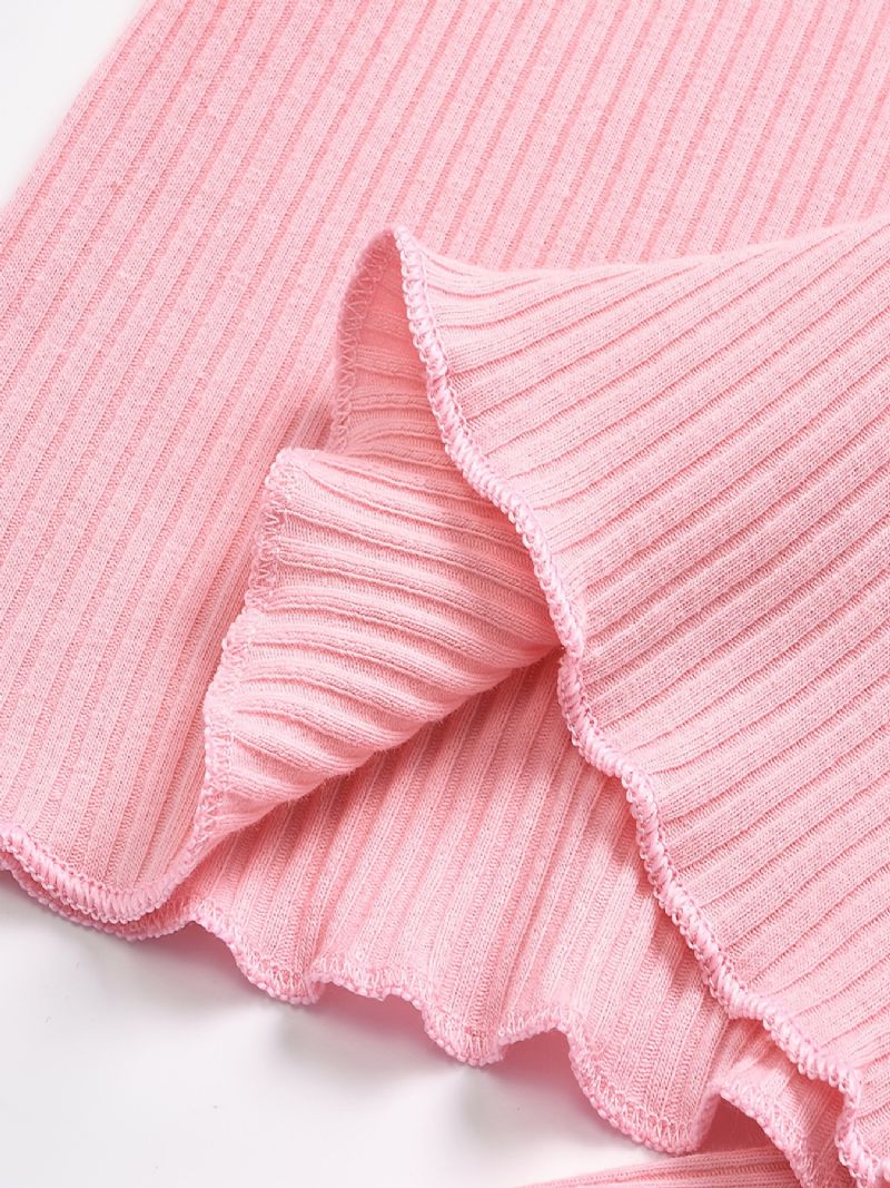 Babypiger Casual Solid Flæsede Rib-langærmede Top & Bukser & Hatte Sæt