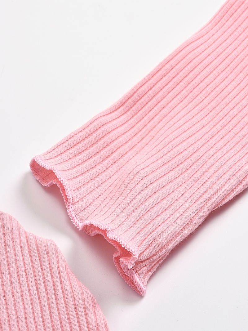 Babypiger Casual Solid Flæsede Rib-langærmede Top & Bukser & Hatte Sæt