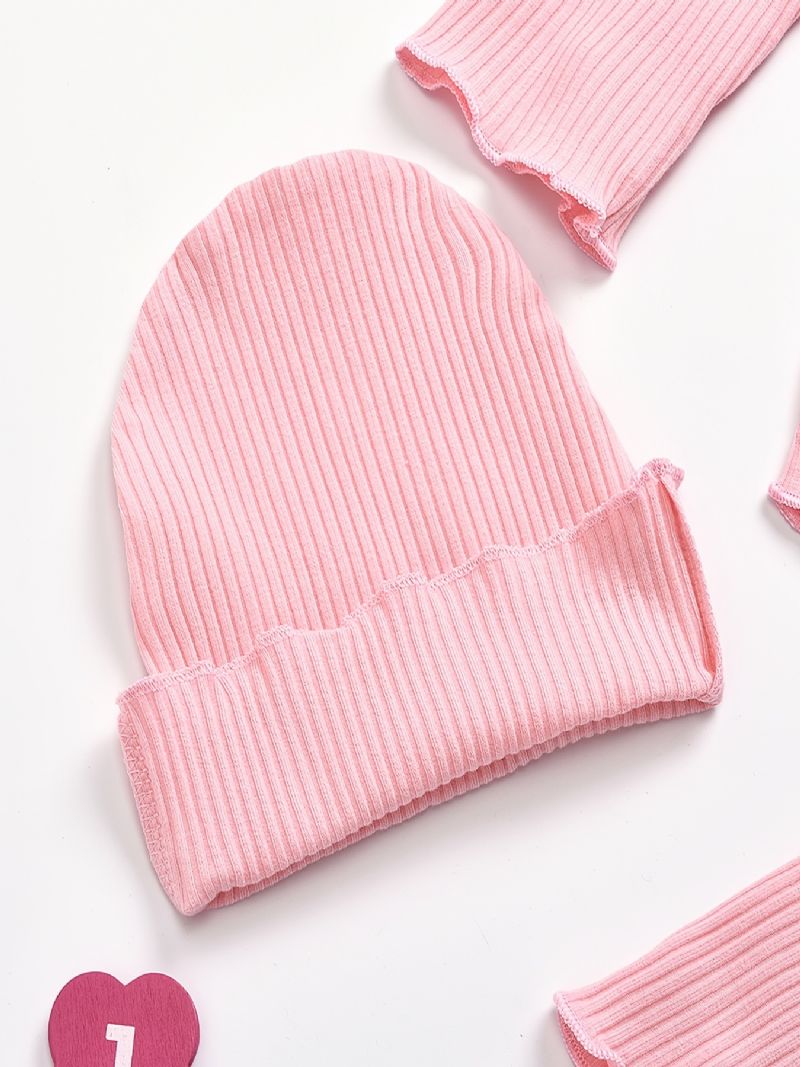 Babypiger Casual Solid Flæsede Rib-langærmede Top & Bukser & Hatte Sæt