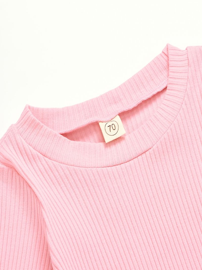 Babypiger Casual Solid Flæsede Rib-langærmede Top & Bukser & Hatte Sæt