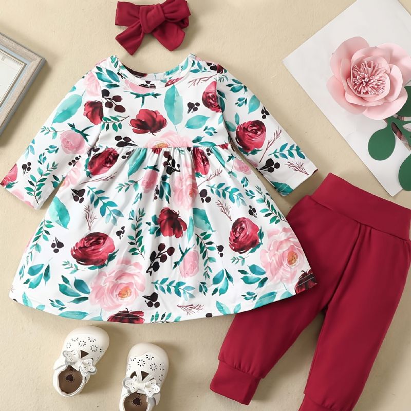 Babypiger Elegant Blomsterprint Sæt Med Prinsessekjole & Solide Bukser & Sløjfe Pandebånd Til Julefest