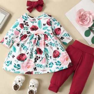 Babypiger Elegant Blomsterprint Sæt Med Prinsessekjole & Solide Bukser & Sløjfe Pandebånd Til Julefest